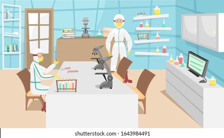 The man in the bacterial protection examines samples of the virus and developing a vaccine. Viral disease. Epidemic.