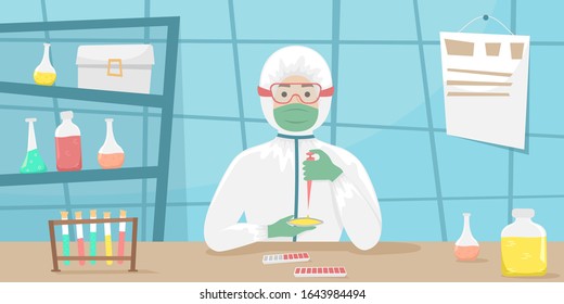 The man in the bacterial protection examines samples of the virus and developing a vaccine. Viral disease. Epidemic.