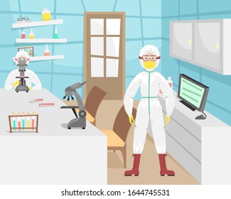 The man in the bacterial protection examines samples of the virus and developing a vaccine. Viral disease. Epidemic.