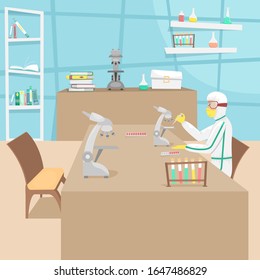 The man in the bacterial protection examines samples of the virus and developing a vaccine. Viral disease. Epidemic.