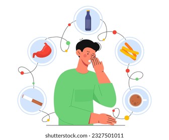 Man with bad breath concept. Young guy with cigarette, coffee and alcohol icons. Respiratory diseases and asthma. Unhealthy lifestyle and bad habits. Cartoon flat vector illustration