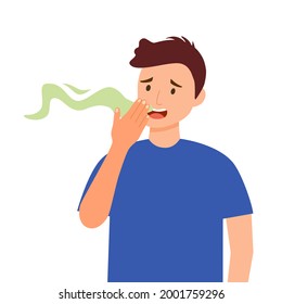 Man with bad breath in flat design on white background. Smelly mouth concept vector illustration.