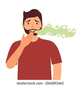 Man with bad breath in flat design on white background. Smelly mouth concept vector illustration. Oral health. svg