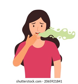 Man with bad breath in flat design on white background. Smelly mouth concept vector illustration. Oral health.