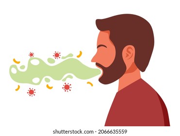 Man with bad breath in flat design on white background. Smelly mouth concept vector illustration. Oral health.