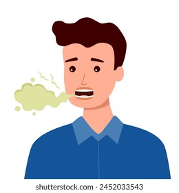 Hombre con mal aliento en diseño plano sobre fondo blanco. Ilustración vectorial de concepto de boca maloliente.
