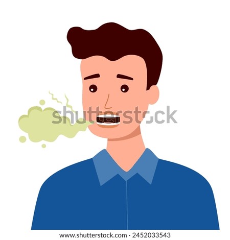 Man with bad breath in flat design on white background. Smelly mouth concept vector illustration.