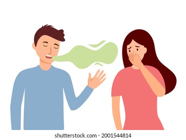 Man with bad breath talking with his friend in flat design on white background. Smelly mouth concept vector illustration.