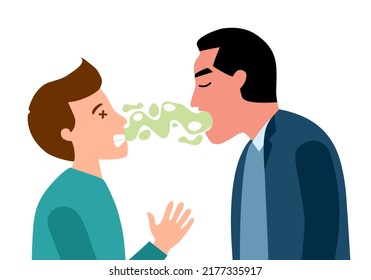 Man with bad breath talking with his colleague in flat design on white background. Smelly mouth concept vector illustration.