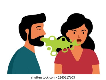 Man with bad breath talking with his colleague in flat design on white background. Smelly mouth concept vector illustration.