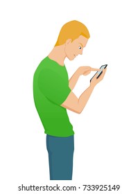 Man with bad croocked posture is typing a message by the smartphone. Typical character wearing casual clothing in modern flat style.