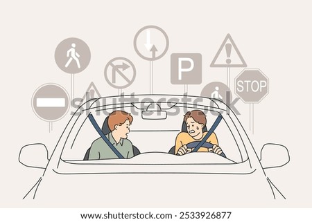 Man is bad driver and panics driving car and gets confused with road signs due to weak nervous system. Driver school student angers instructor forced to shout because of poor knowledge of theory