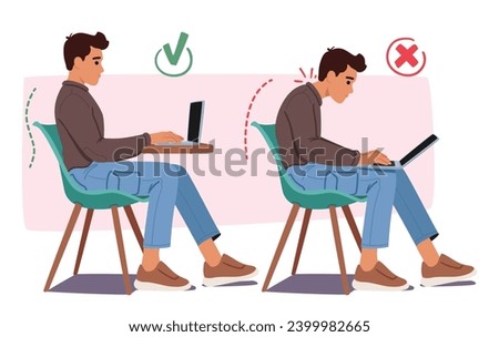 Man Bad and Good Poses for Working on Pc. Wrong, Hunched Back And Cramped Shoulders. Proper, Straight Back, And Relaxed Shoulders, For Ergonomic Laptop Use, Promoting Better Posture And Comfort