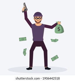 A Man As A Bad Guy With His Gun Is Robbery. One Hand Holding Bas Of Money. Floating Arround By Bank Note, Flat Vector Cartoon Character Illustration