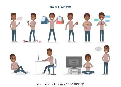 Man with a bad habits set. Alcohol and coffee addiction, eating junk food and gambling. Unhealthy lifestyle and danger for life. Vector flat illustration