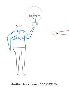 Man with bad idea light bulb and rejected with thumbs down, hand drawn vector illustration. Color outlines and white background.