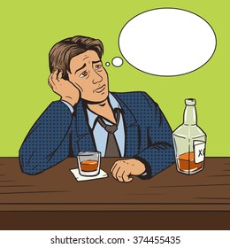 Man with bad mood drinks in bar pop art style vector illustration. Comic book style imitation. Vintage retro style. Conceptual illustration