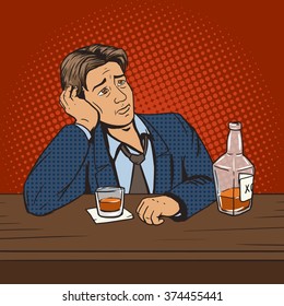 Man with bad mood drinks in bar pop art style vector illustration. Comic book style imitation. Vintage retro style. Conceptual illustration