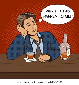 Man with bad mood drinks in bar pop art style vector illustration. Comic book style imitation. Vintage retro style. Conceptual illustration