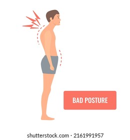 Man with bad posture. Poor stance and backache. Spine curvature due to scoliosis. Body imbalance defect concept. Medical vector illustration.