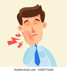 Man with a bad tooth. Toothache young person and sign of pain on his cheek. Vector illustration, flat cartoon style. Isolated background.