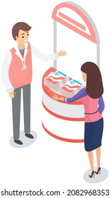 Man with badge distributes product catalogs with advertisement. Marketing, advertising campaign, promotion concept. Male distributor advertises, promotes to customer, near presentation stand