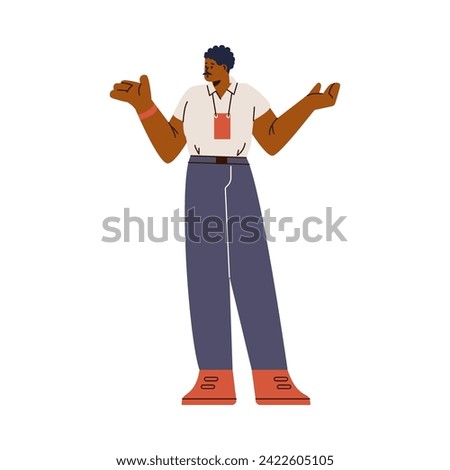 Man with badge in presenting pose. Cartoon shop assistance, consultant seller helps to choose. A male salesperson advertises discounts. Vector illustration isolated on white background