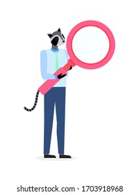 Hombre con la cabeza y la cola del insignia, sosteniendo la lupa aislada en blanco. Animador hipster, disfraz de metáfora, personaje de caricatura de hombre de negocios no identificado
