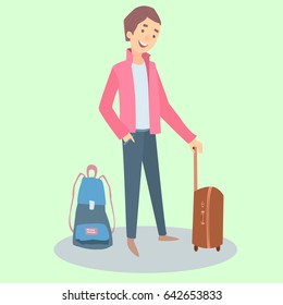 Man with bag and backpack ready for traveling. Cartoon character of male adult or student boy. Traveler with luggage. Holiday, vacation person. Vector illustration of tourism. Adventure lifestyle.