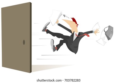 Man with bag and documents flies out from the open door