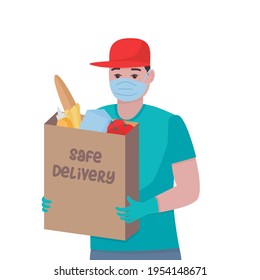 Man with bag full of products vector isolated illustration. Shopping help. Fast courier.