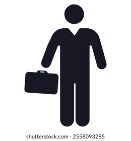 Man with bag icon, businessman silhouette, black and white, stick figure with briefcase, simple geometric shapes, corporate symbol.