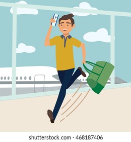 Man with bag late for the plane. Vector illustration