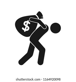A man with a bag of money. Pay, profit, win. Icon.