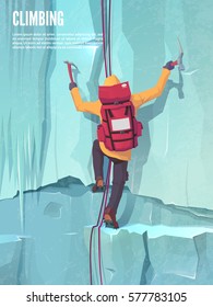 Man with bag on the ice rock. Extreme outdoor sports. Climbing the mountains. Vector illustration