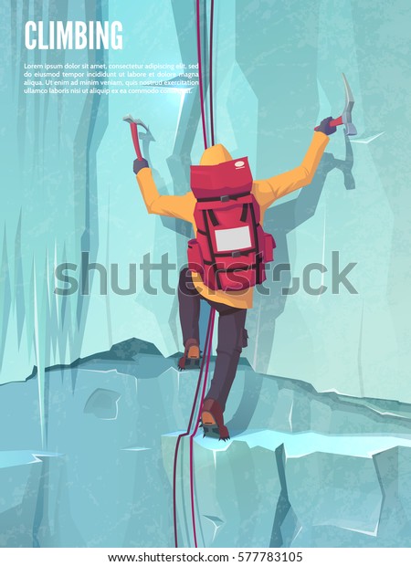 Man with bag on the ice\
rock. Extreme outdoor sports. Climbing the mountains. Vector\
illustration