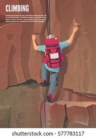 Man with bag on the rock. Extreme outdoor sports. Climbing the mountains. Vector illustration