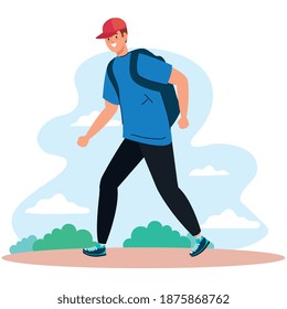 Mann mit Tasche im Park Design, Outdoor-Aktivität und Saison Thema Vektorgrafik