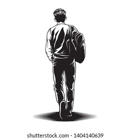 Man With Bag Walk View Back Illustration Black & White Vector