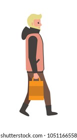 Man with bag walking straight, poster with male wearing coat and boots, carrying package, person with beard and fair hair vector illustration