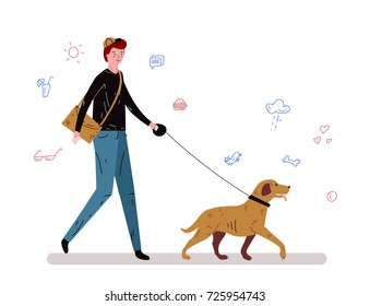 a man with bag walks his dog, character design, icons, flat vector illustration