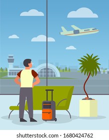 Man with the bagagge in the airport waiting room. Idea of travel and journey. Building interior. Passenger wait for departure. Vector illustration in cartoon style