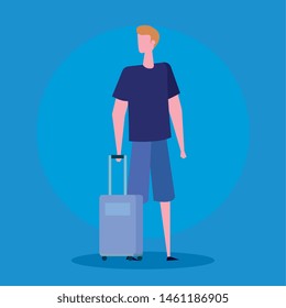 man with baggage and hairstyle with casual clothes