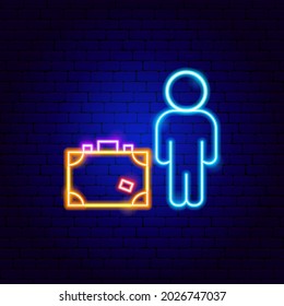 Hombre con señal de neón de equipaje. Ilustración vectorial de la promoción del equipaje.