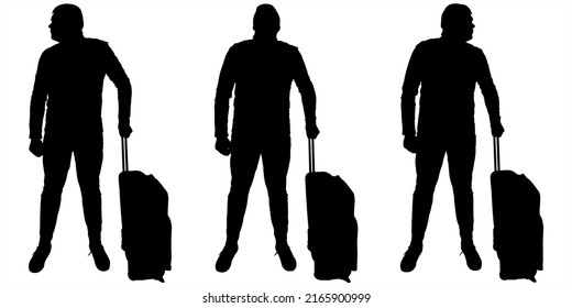 The man with the baggage stands still and looks around. A man of large build with a large suitcase on wheels. A guy in a tracksuit, and sneakers. Full face. Three black male silhouettes isolated