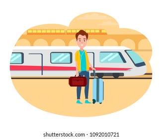 Man with baggage wait for train at railway station. Young cheerful guy wants to migrate from country and find new home abroad vector illustration.