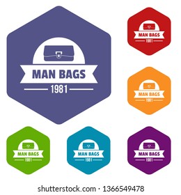 Man bags icons vector colorful hexahedron set collection isolated on white 