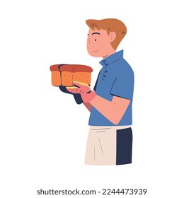 Man Baker in Apron Holding Fresh Baked Loaf with Potholder Vector Illustration