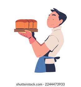 Man Baker in Apron Holding Freshly Baked Bread with Potholder Vector Illustration