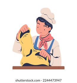 Man Baker en Apron Kneading Dough Vector Illustración